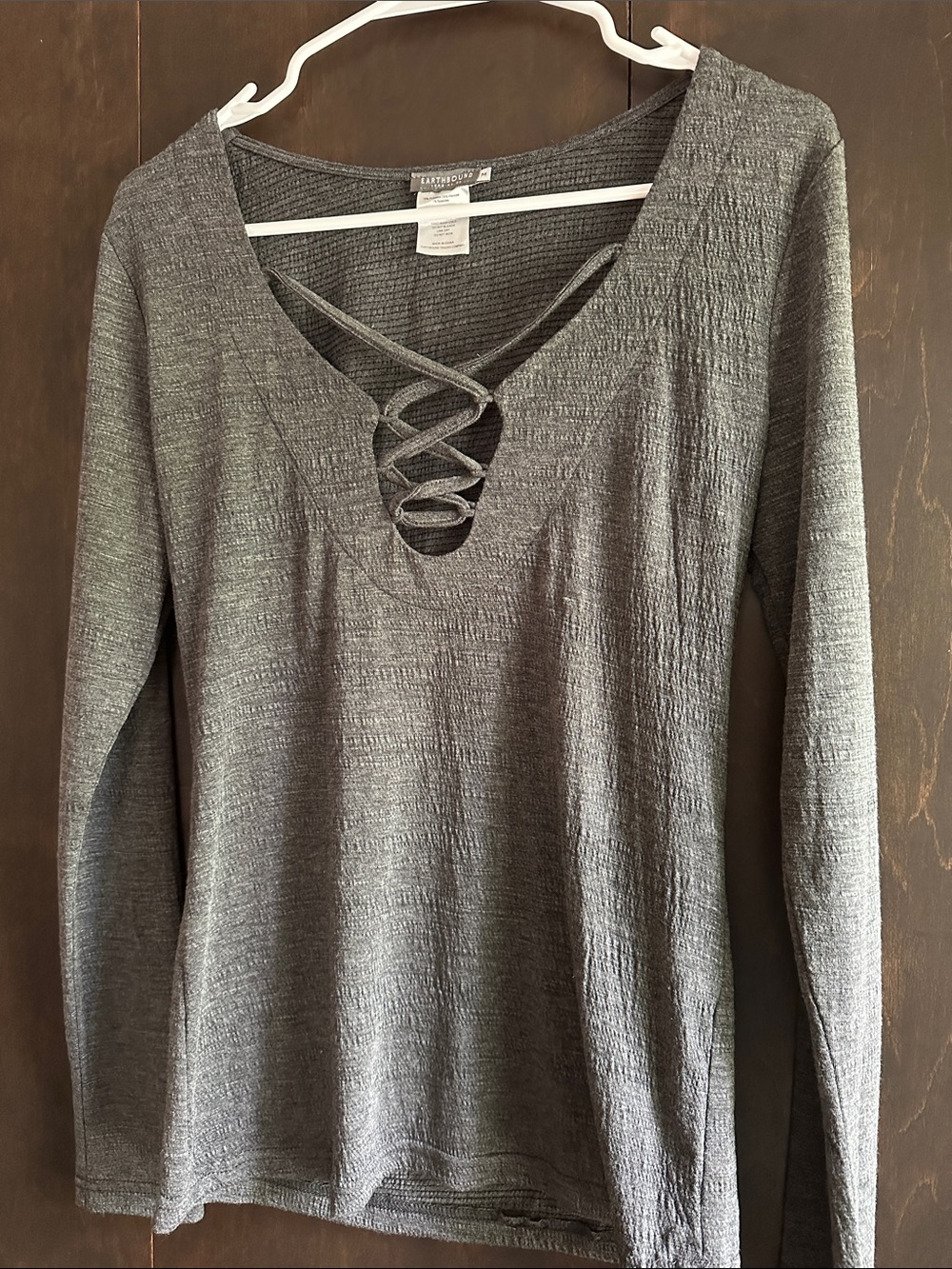 EARTHBOUND Charcoal Gray Lace-Up V-Neck Long Sleeve Top - Picture 6 of 6
